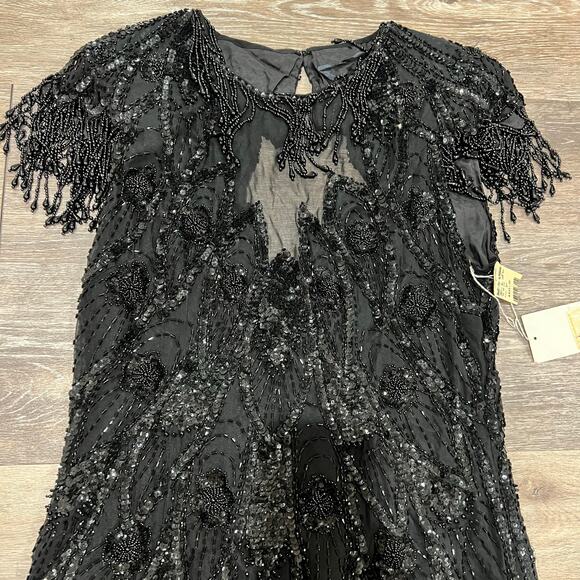 A.J. Bari 90's Black Beaded Vintage Open Back Flapper Dress size 14 - Picture 13 of 16